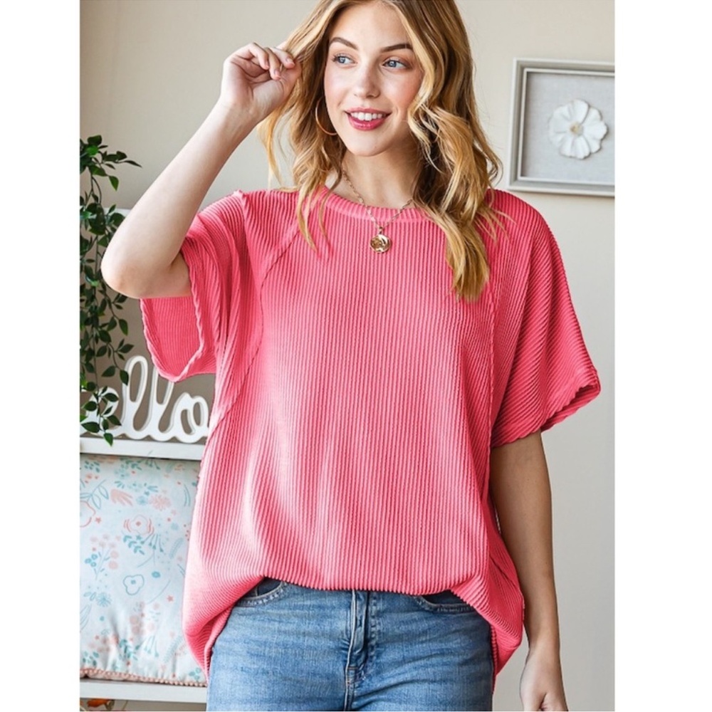 HEIMISH USA Pink Ribbed Short Sleeve Tee